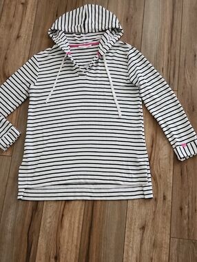 Striped Hooded Pullover Shirt Black and White Oversized Nautical Women's Small